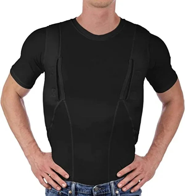 Men's Concealed Carry Holster Shirt Hidden Short Sleeve Crew Neck T-Shirt Quick Dry Secure Hook Loop Pocket Hunting Base Layers