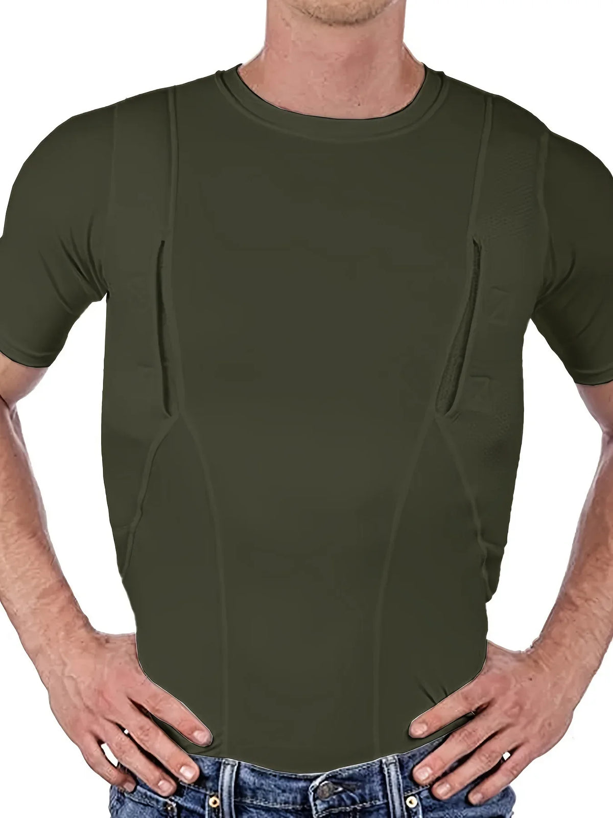 Men's Concealed Carry Holster Shirt Hidden Short Sleeve Crew Neck T-Shirt Quick Dry Secure Hook Loop Pocket Hunting Base Layers