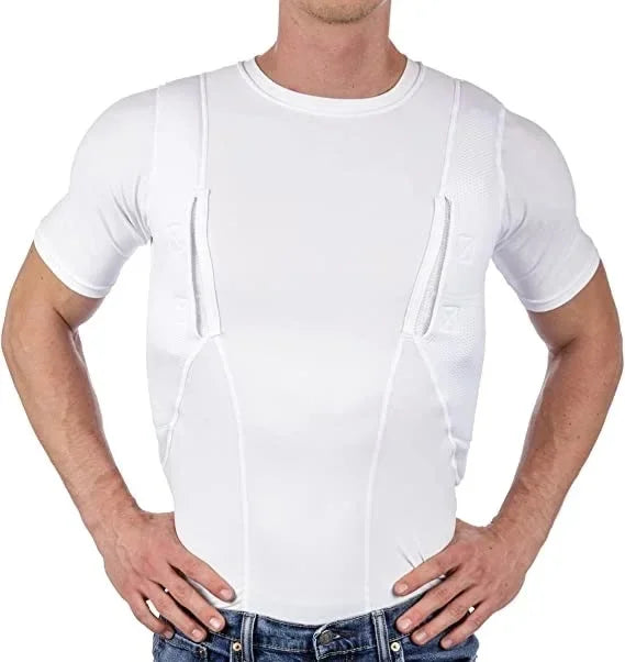 Men's Concealed Carry Holster Shirt Hidden Short Sleeve Crew Neck T-Shirt Quick Dry Secure Hook Loop Pocket Hunting Base Layers