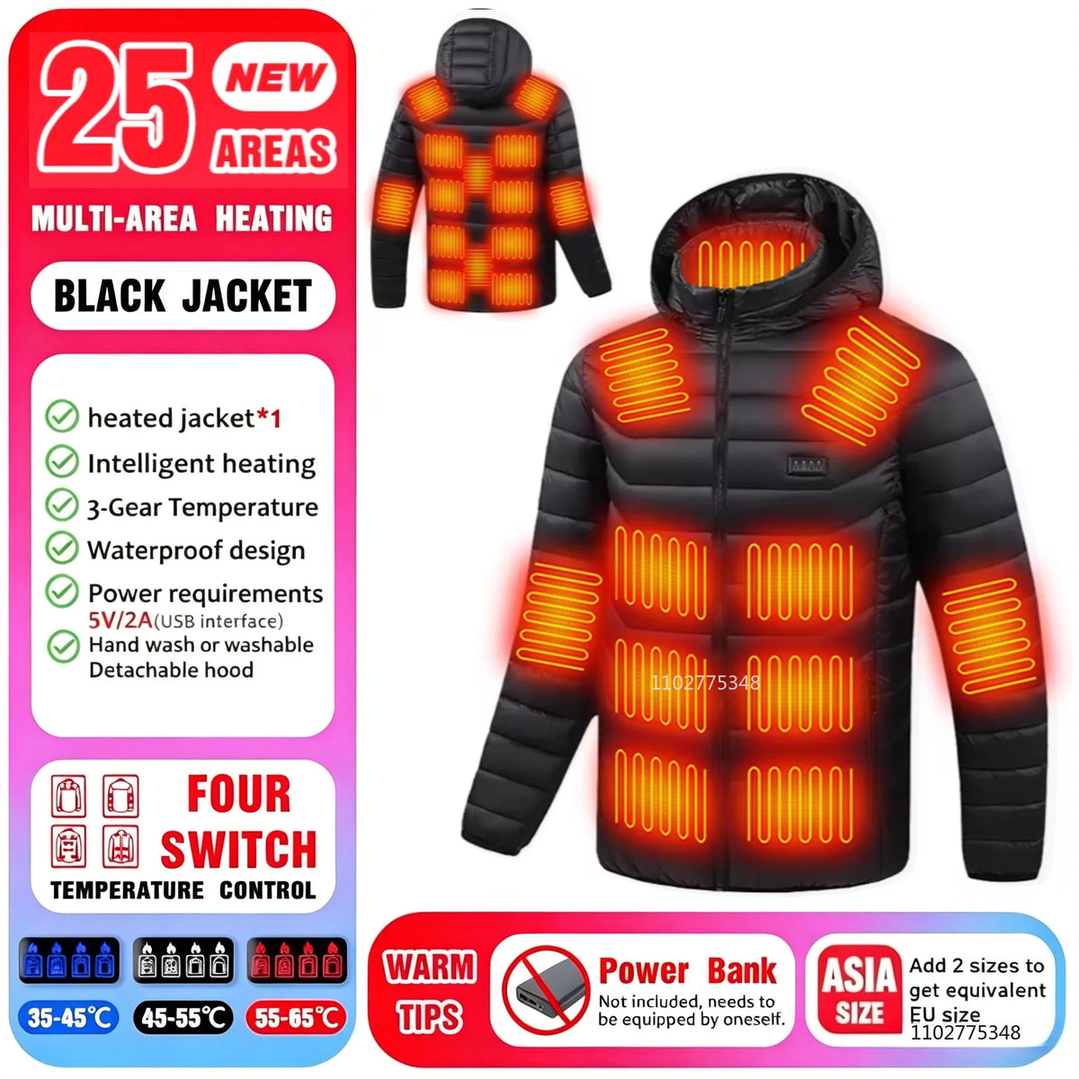 Heated Jacket Men Women Winter Heated Coats Self Heated Down Jacket for Hunting Hiking Camping Ski Thermal Clothing 2-25 Areas