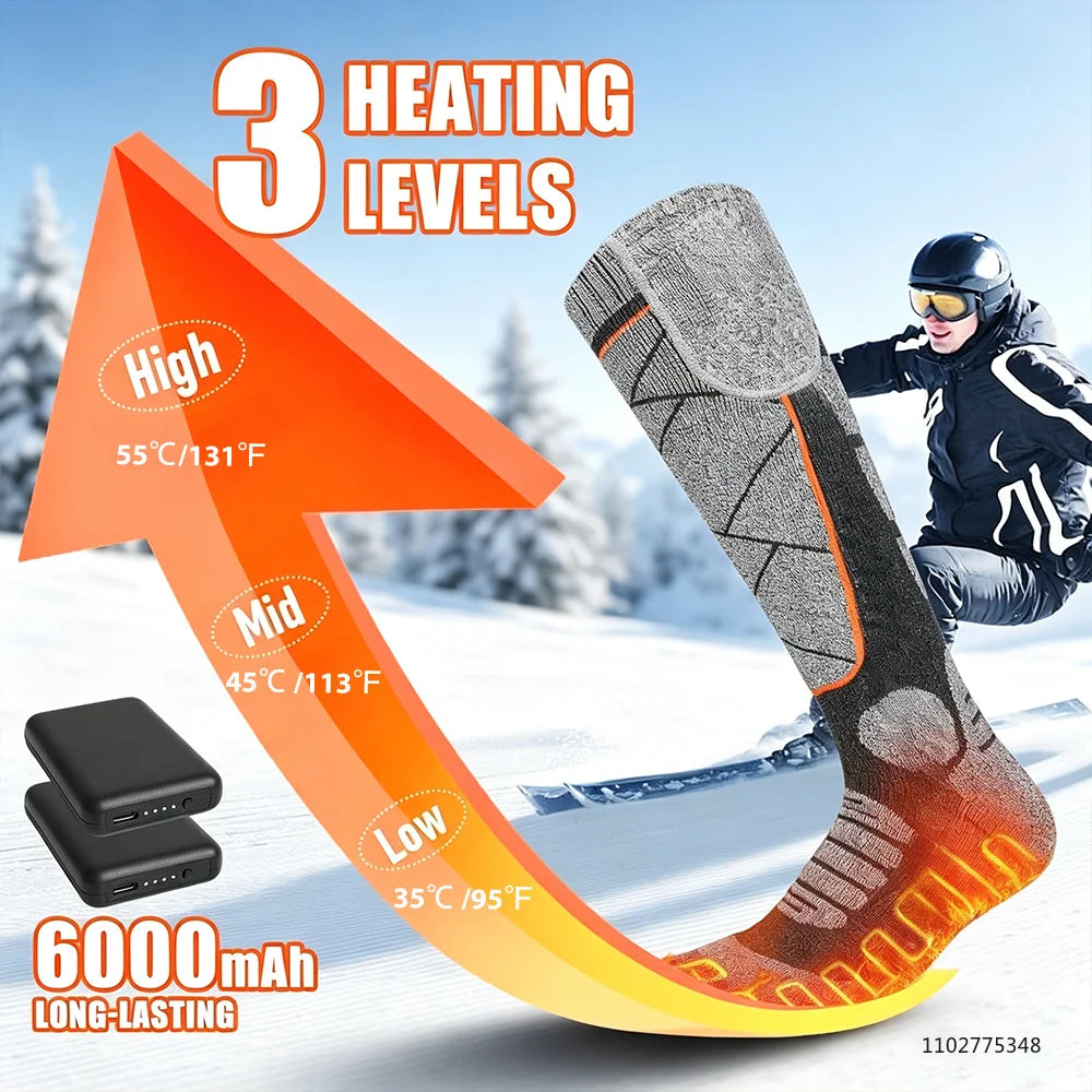 Rechargeable Heated Socks for Men Women 6000mAh Electric Heated Skiing Socks Winter Outdoor Hiking Skating Camping Hunting