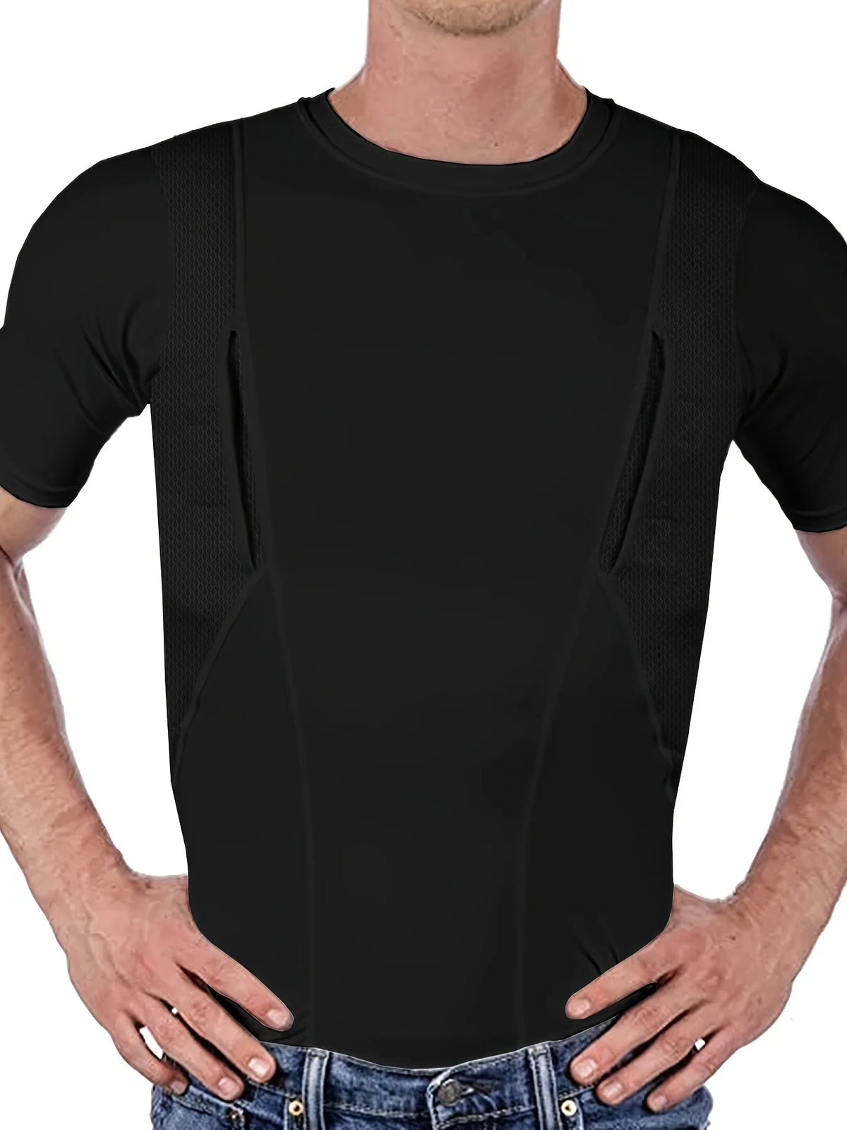 Men's Concealed Carry Holster Shirt Hidden Short Sleeve Crew Neck T-Shirt Quick Dry Secure Hook Loop Pocket Hunting Base Layers