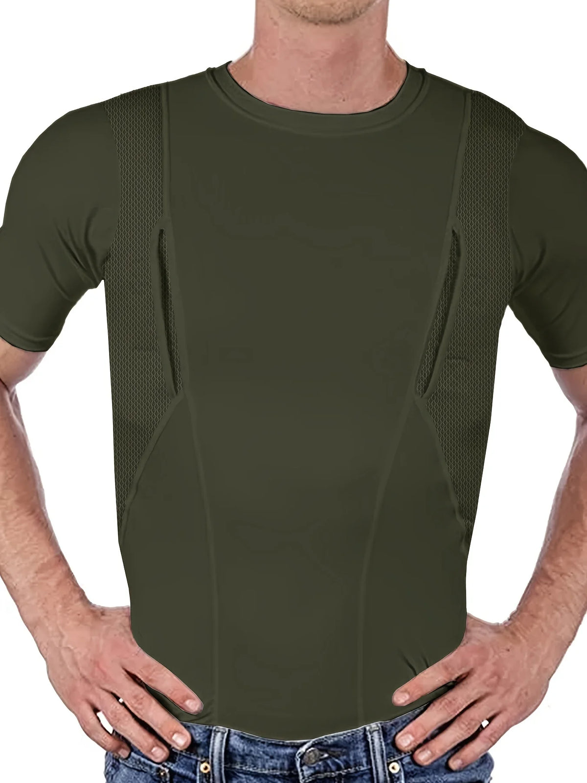 Men's Concealed Carry Holster Shirt Hidden Short Sleeve Crew Neck T-Shirt Quick Dry Secure Hook Loop Pocket Hunting Base Layers