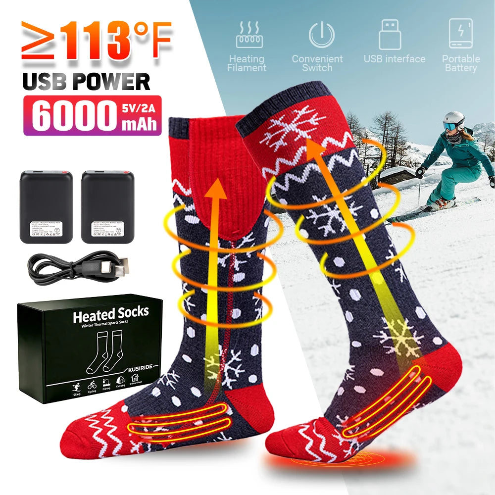 Rechargeable Heated Socks for Men Women 6000mAh Electric Heated Skiing Socks Winter Outdoor Hiking Skating Camping Hunting