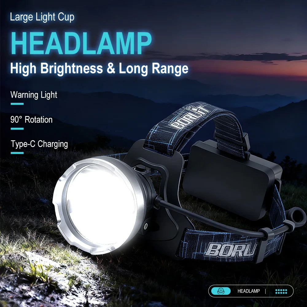 BORUiT B10 Ultra Bright LED Headlamp 3800LM Powerful 18650 Headlight Type-C Rechargeable Head Torch Fishing Lantern Head Light