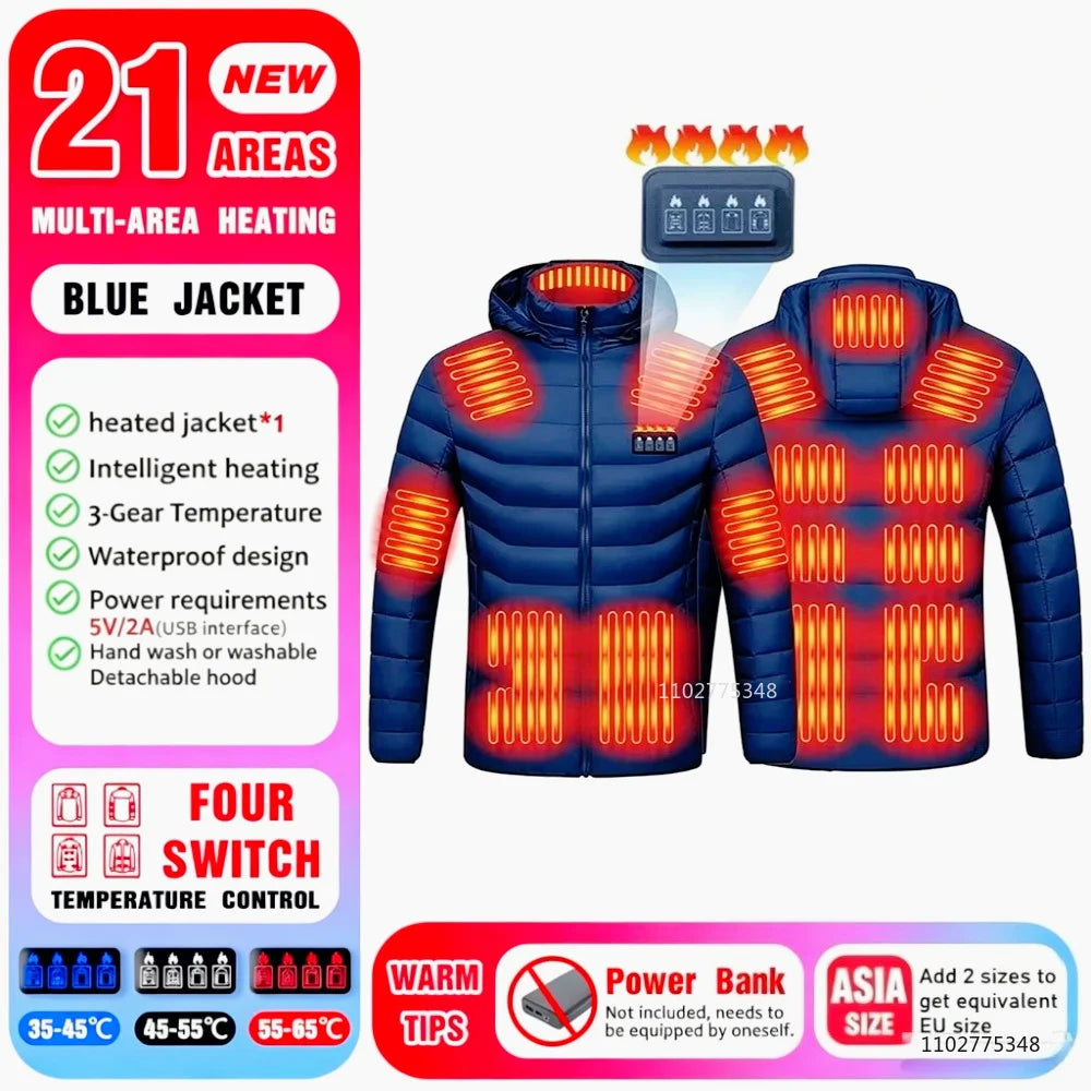 Heated Jacket Men Women Winter Heated Coats Self Heated Down Jacket for Hunting Hiking Camping Ski Thermal Clothing 2-25 Areas