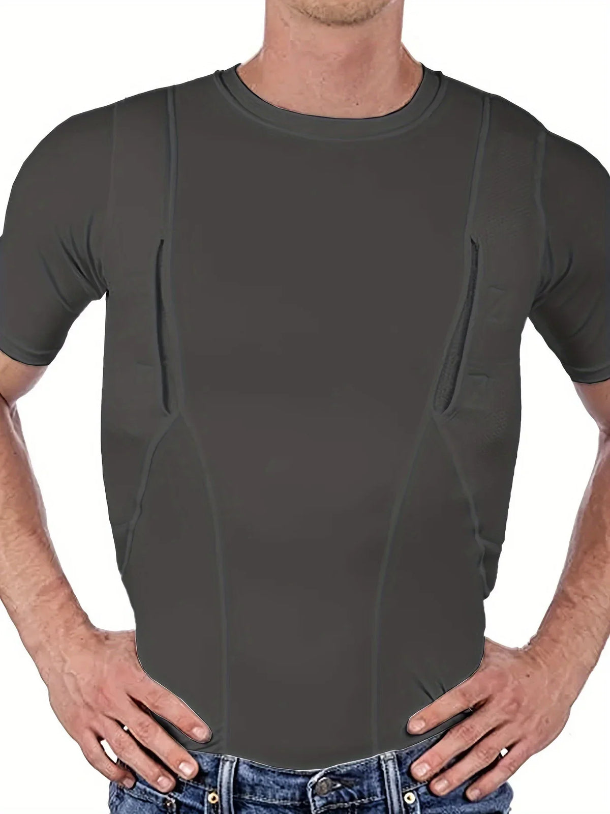 Men's Concealed Carry Holster Shirt Hidden Short Sleeve Crew Neck T-Shirt Quick Dry Secure Hook Loop Pocket Hunting Base Layers