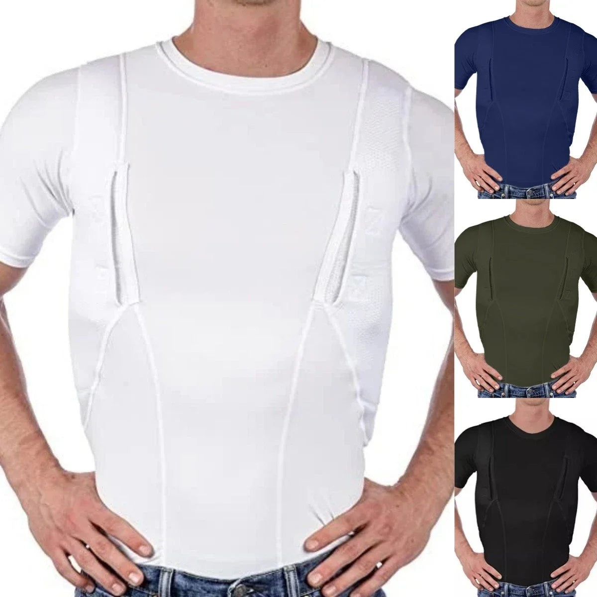 Men's Concealed Carry Holster Shirt Hidden Short Sleeve Crew Neck T-Shirt Quick Dry Secure Hook Loop Pocket Hunting Base Layers